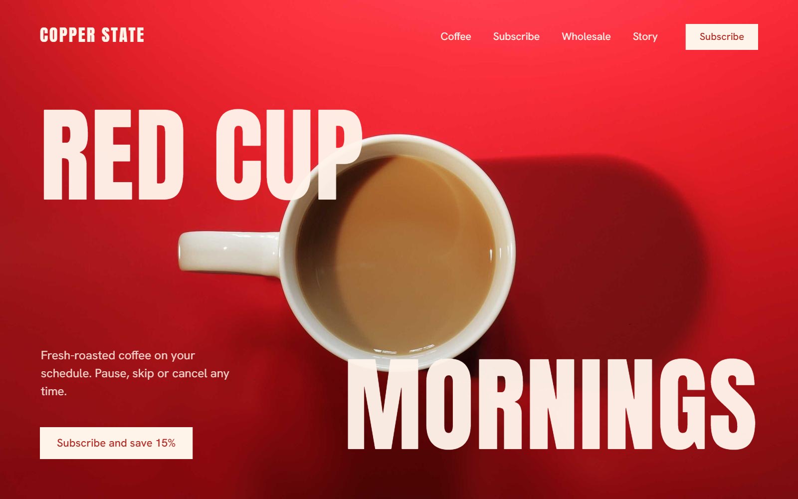 Home page for Copper State Roasters: a coffee cup on a red ground under the words Red cup mornings