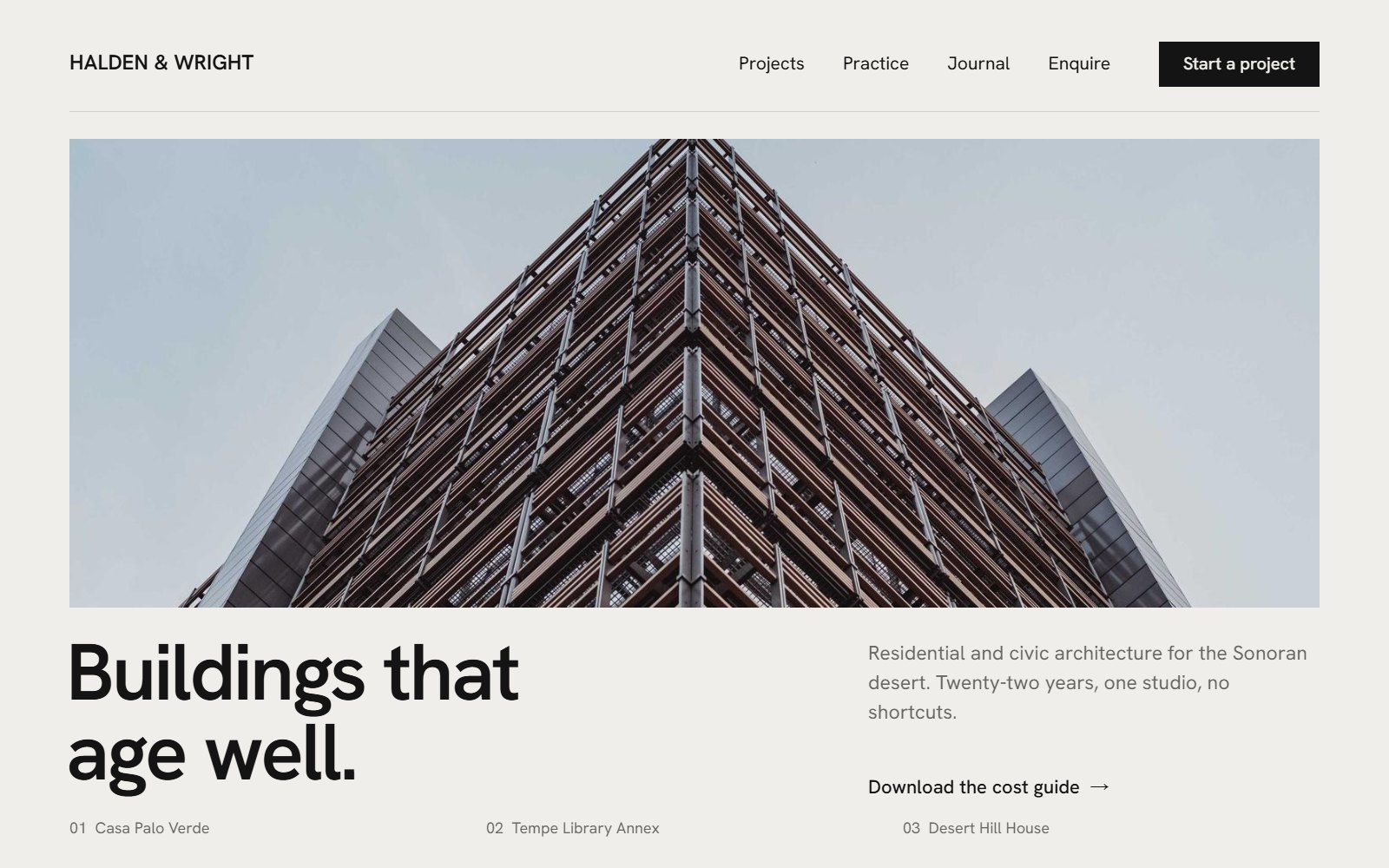 Home page for Halden & Wright architects, a glass building under the headline Buildings that age well
