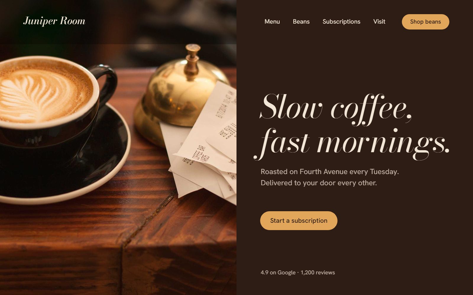 Home page for Juniper Room café: a latte and a bell beside the line Slow coffee, fast mornings