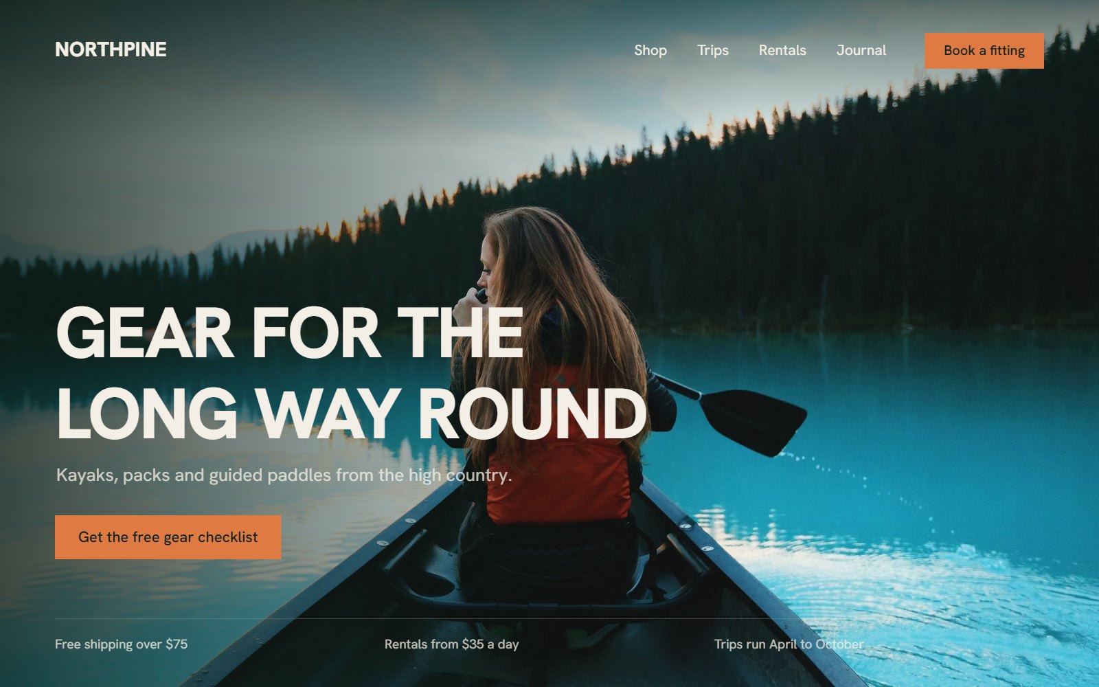 Home page for Northpine Outfitters: a paddler on a mountain lake under the headline Gear for the long way round