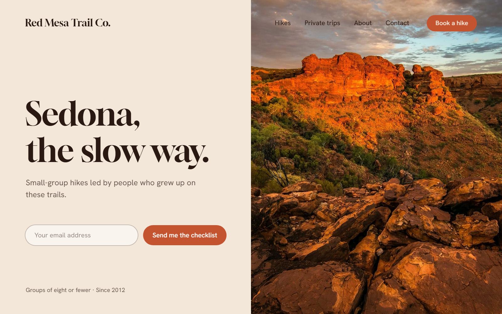 Home page for Red Mesa Trail Co., a hiking company in Sedona, with a trail checklist offer